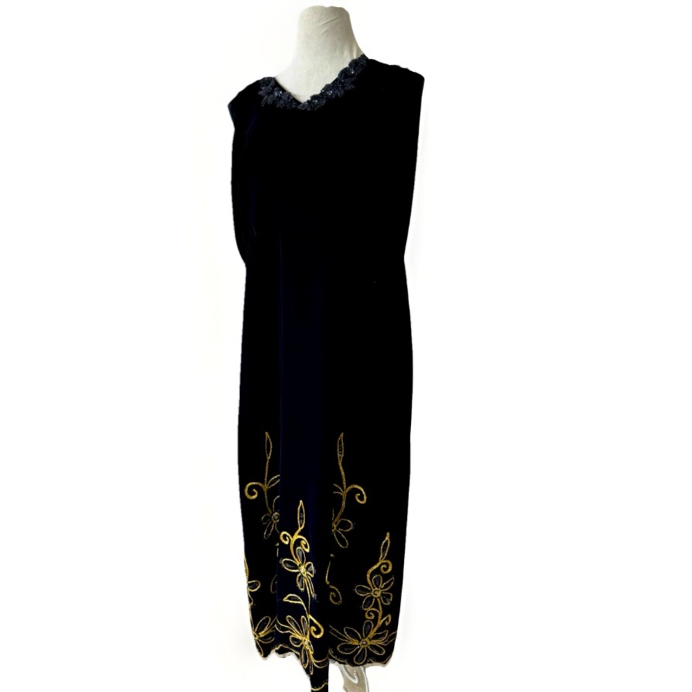 Vtg 60s Black Velvet Beaded Sequin Flowers Party Dress Sz 24 Maxi Gown 46” As Is